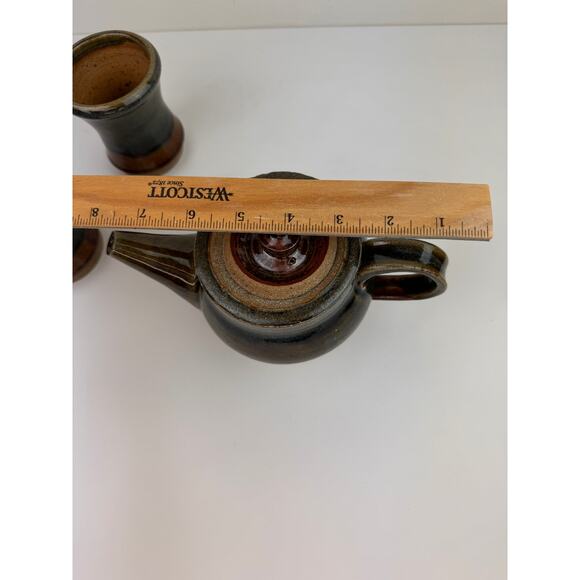 Brown Green Ceramic Hand Thrown Pottery Decorative Cup & Teapot Tea Set 3-Piece - Picture 9 of 12